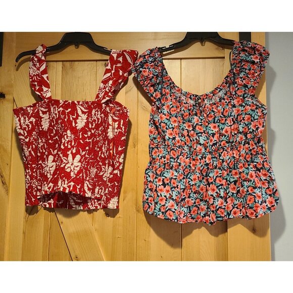 Lot of 2 Old Navy Size XL Red Floral Smocked Tank Ruffle Flowy Boho - Picture 2 of 15